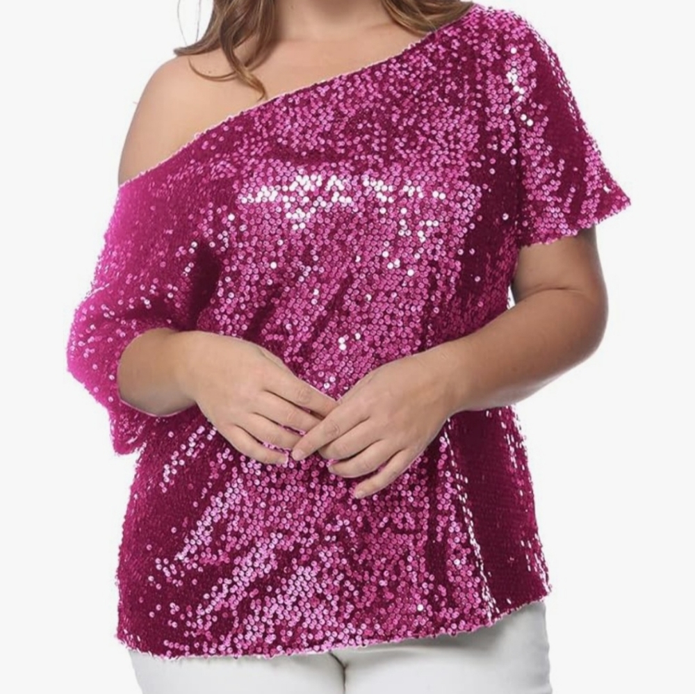 Anna-Kaci Plus Size Sequin One Shoulder Short Sleeve Top 2XL Fuschia